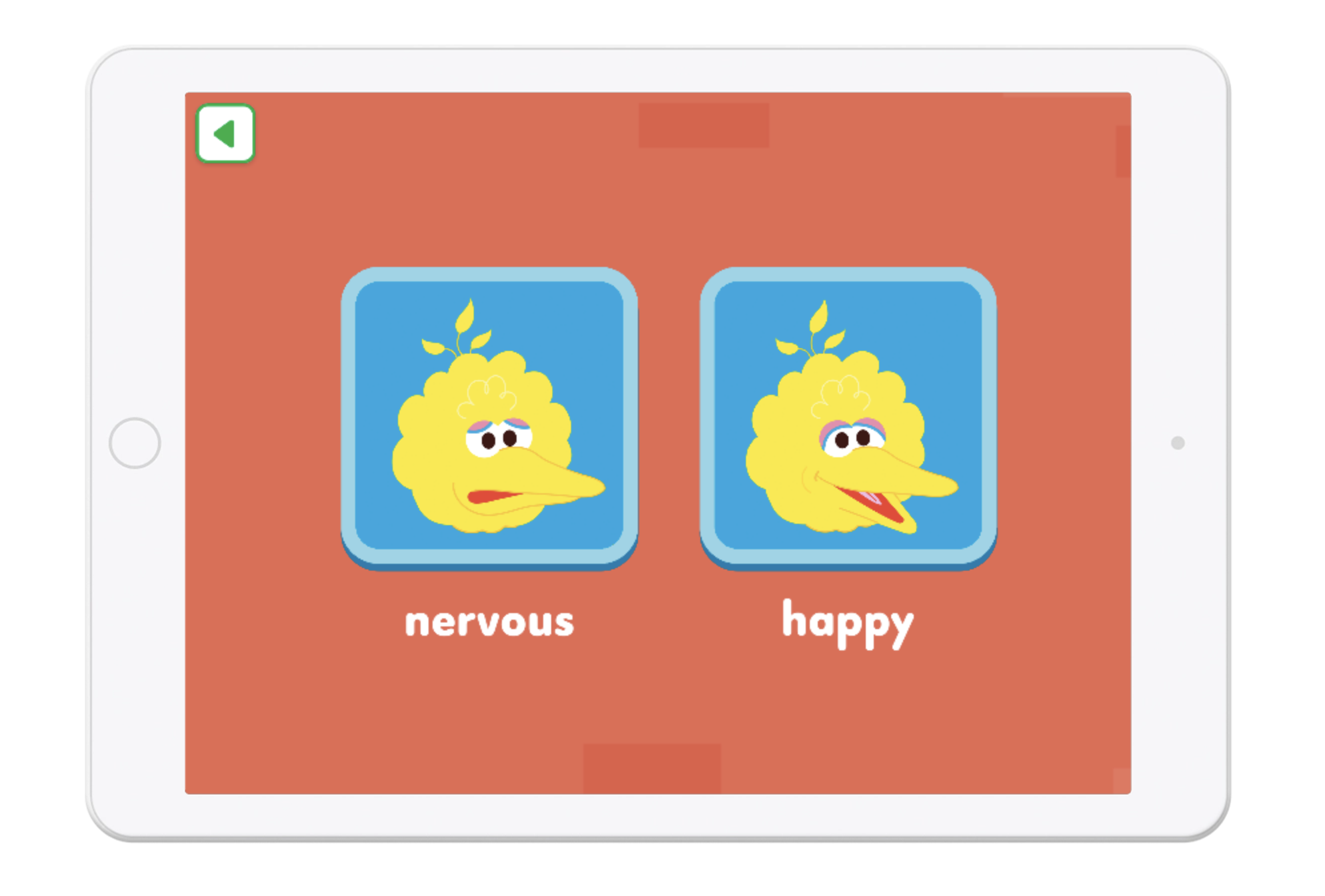 Sesame Workshop social-emotional learning app showing Big Bird emotions game